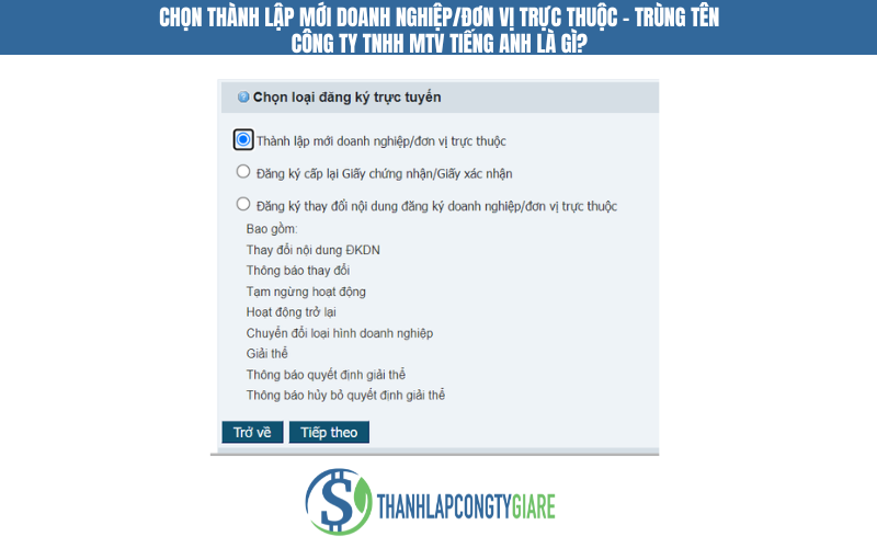 Chọn thành lập mới doanh nghiệp/đơn vị trực thuộc - Trùng tên
