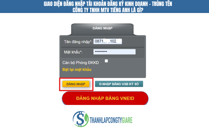 Giao diện đăng nhập tài khoản đăng ký kinh doanh - Trùng tên