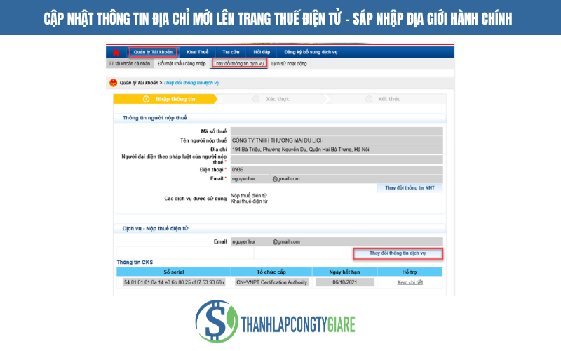 Cập nhật thông tin địa chỉ mới lên trang Thuế điện tử Sáp nhập địa giới hành chính