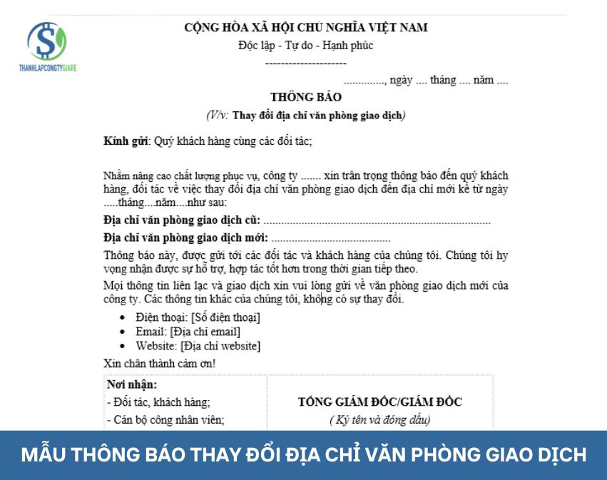 Mẫu thông báo thay đổi địa chỉ văn phòng giao dịch - thông báo thay đổi địa chỉ công ty