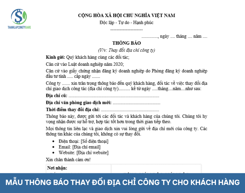Mẫu thông báo thay đổi địa chỉ công ty cho khách hàng thông dụng