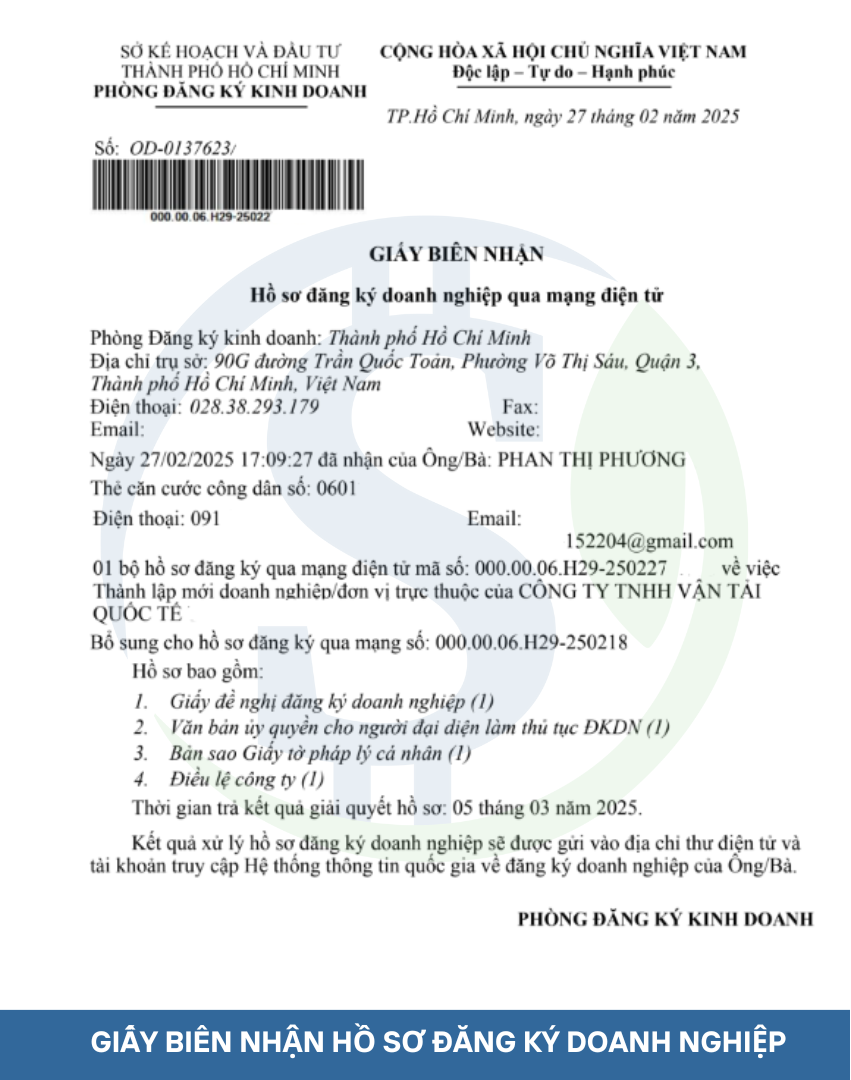 Giấy Biên nhận hồ sơ đăng ký doanh nghiệp - Mở công ty