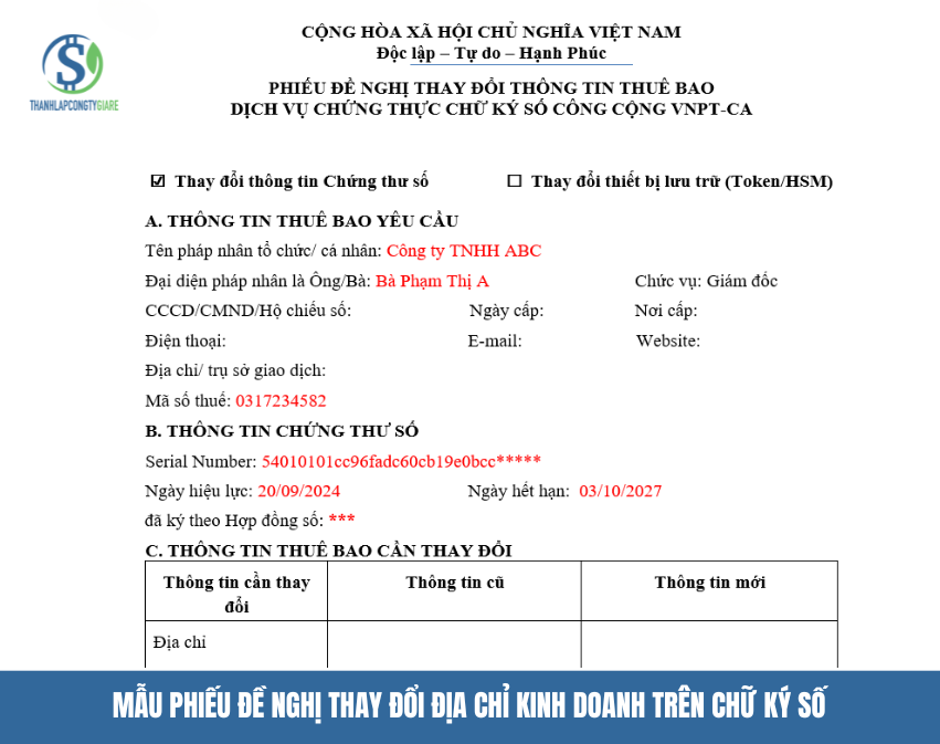Mẫu phiếu đề nghị thay đổi địa chỉ kinh doanh trên chữ ký số Dịch vụ thay đổi địa chỉ công ty