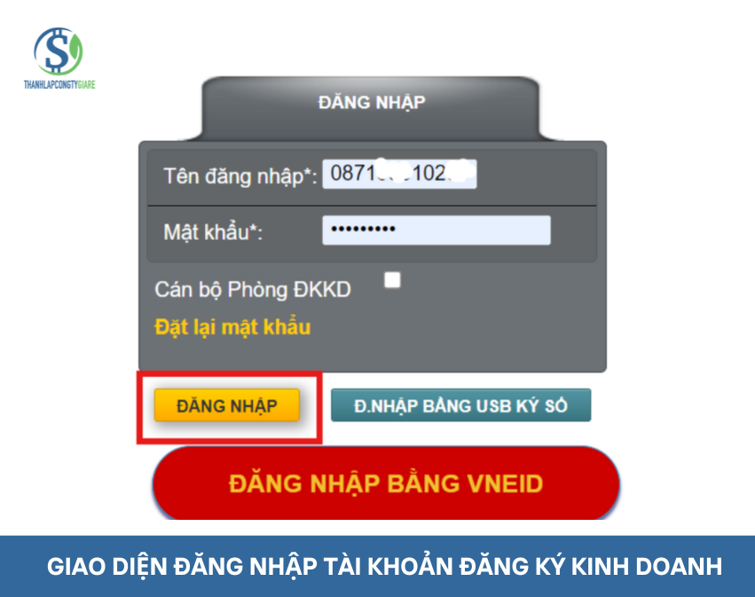 Giao diện đăng nhập tài khoản đăng ký kinh doanh - Trùng tên