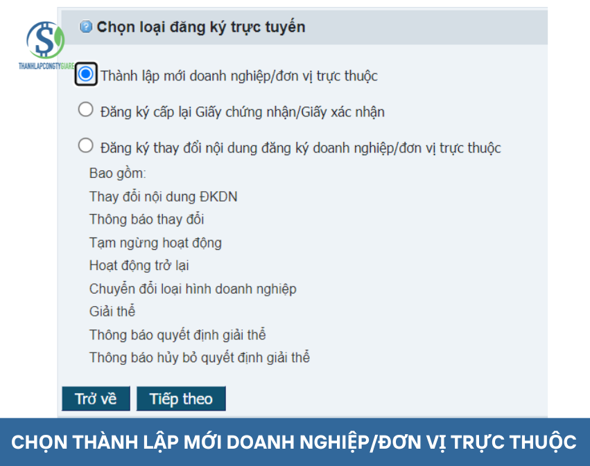 Chọn thành lập mới doanh nghiệp/đơn vị trực thuộc - Trùng tên