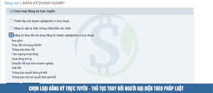 Chọn loại đăng ký trực tuyến - thủ tục thay đổi người đại diện theo pháp luật
