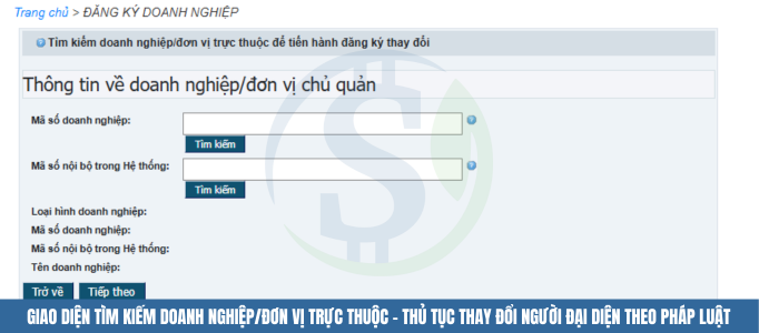 Giao diện tìm kiếm doanh nghiệp/đơn vị trực thuộc - Thủ tục thay đổi người đại diện theo pháp luật