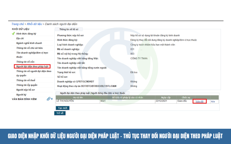 Giao diện nhập khối dữ liệu Người đại diện pháp luật - Thủ tục thay đổi người đại diện theo pháp luật