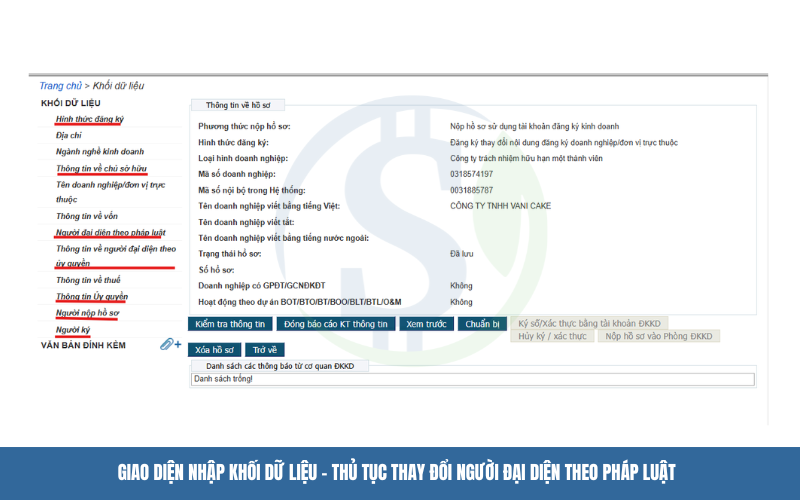 Giao diện nhập khối dữ liệu - Thủ tục thay đổi người đại diện theo pháp luật
