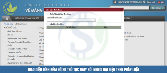   Giao diện đính kèm hồ sơ Thủ tục thay đổi người đại diện theo pháp luật