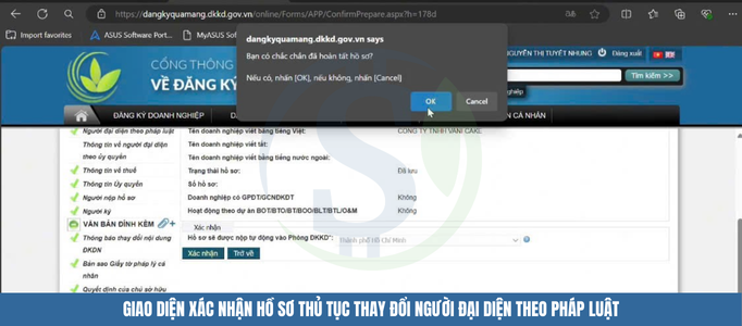 Giao diện xác nhận hồ sơ thủ tục thay đổi người đại diện theo pháp luật