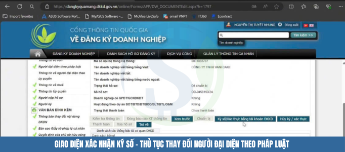 Giao diện xác nhận ký số - Thủ tục thay đổi người đại diện theo pháp luật