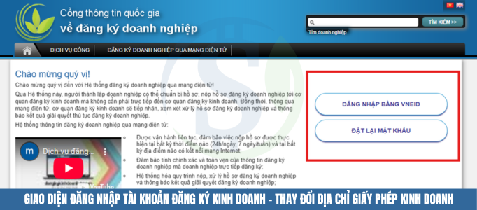 Giao diện đăng nhập tài khoản đăng ký kinh doanh - Thay đổi địa chỉ giấy phép kinh doanh