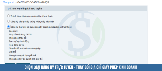 Chọn loại đăng ký trực tuyến - Thay đổi địa chỉ giấy phép kinh doanh