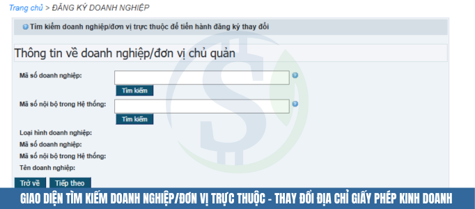 Giao diện tìm kiếm doanh nghiệp/đơn vị trực thuộc - Thay đổi địa chỉ giấy phép kinh doanh
