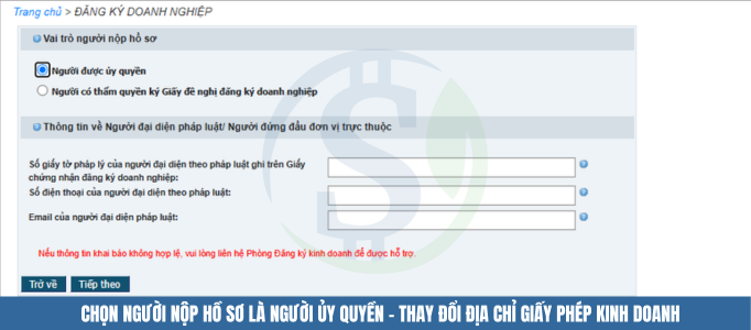 Chọn người nộp hồ sơ là người ủy quyền - Thay đổi địa chỉ giấy phép kinh doanh