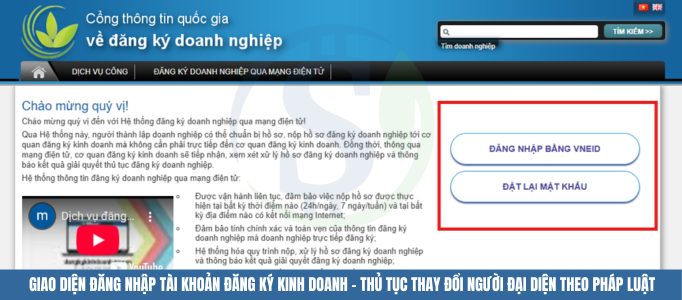 Giao diện đăng nhập tài khoản đăng ký kinh doanh - Thủ tục thay đổi người đại diện theo pháp luật