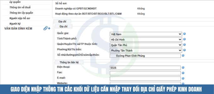 Giao diện nhập thông tin các khối dữ liệu cần nhập thay đổi địa chỉ giấy phép kinh doanh