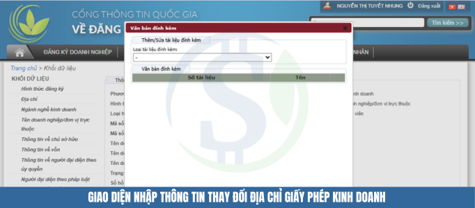 Giao diện nhập thông tin thay đổi địa chỉ giấy phép kinh doanh