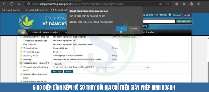 Giao diện đính kèm hồ sơ thay đổi địa chỉ trên giấy phép kinh doanh