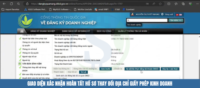 Giao diện xác nhận hoàn tất hồ sơ thay đổi địa chỉ giấy phép kinh doanh