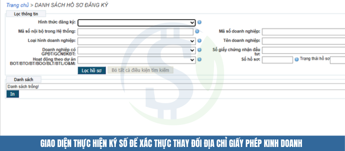 Giao diện thực hiện ký số để xác thực thay đổi địa chỉ giấy phép kinh doanh