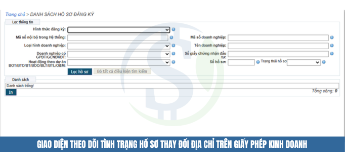 Giao diện theo dõi tình trạng hồ sơ thay đổi địa chỉ trên giấy phép kinh doanh