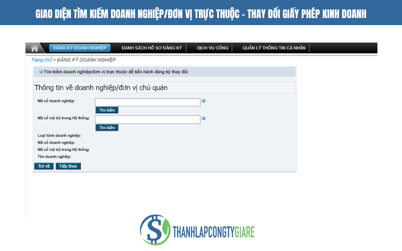 Giao diện tìm kiếm doanh nghiệp/đơn vị trực thuộc - Dịch vụ thay đổi giấy phép kinh doanh