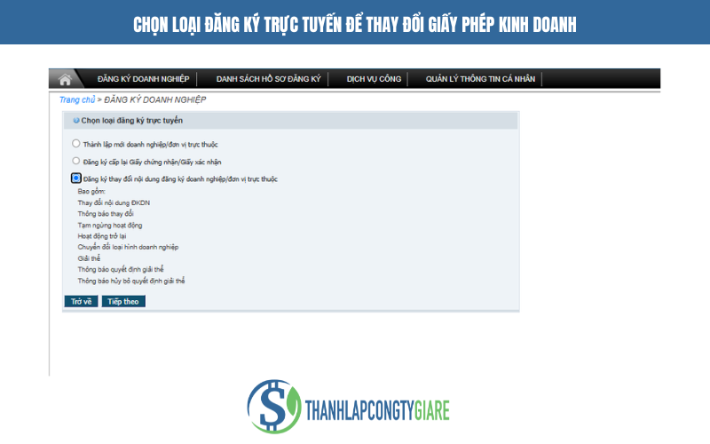 Chọn loại đăng ký thay đổi để thực hiện thay đổi giấy phép kinh doanh - Dịch vụ thay đổi giấy phép kinh doanh