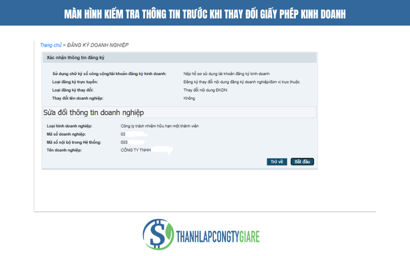 Màn hình kiểm tra thông tin - Dịch vụ thay đổi giấy phép kinh doanh