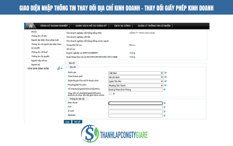 Giao diện nhập thông tin thay đổi địa chỉ kinh doanh - Dịch vụ thay đổi giấy phép kinh doanh