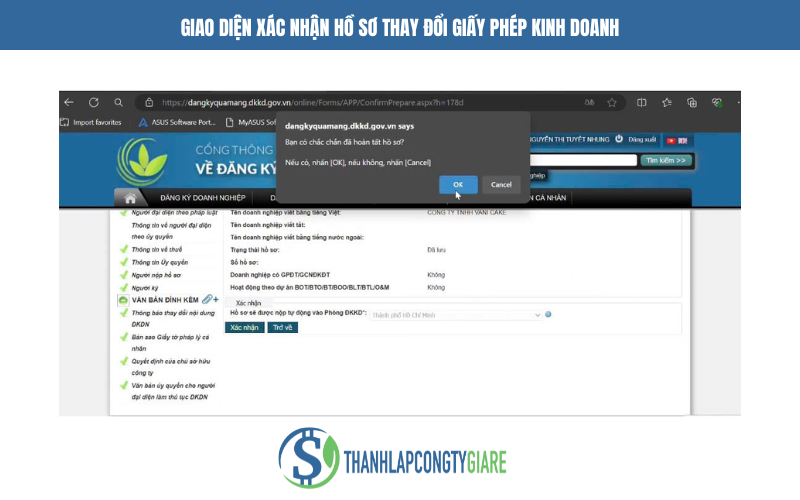 Giao diện xác nhận hồ sơ thay đổi giấy phép kinh doanh - Dịch vụ thay đổi giấy phép kinh doanh