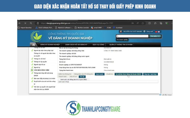 Giao diện xác nhận hoàn tất hồ sơ thay đổi giấy phép kinh doanh - Dịch vụ thay đổi giấy phép kinh doanh