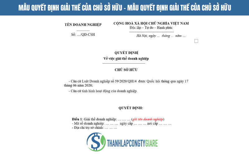 Mẫu quyết định giải thể của chủ sở hữu - Mẫu quyết định giải thể doanh nghiệp