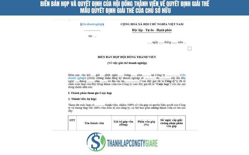 Biên bản họp và quyết định của hội đồng thành viên về quyết định giải thể