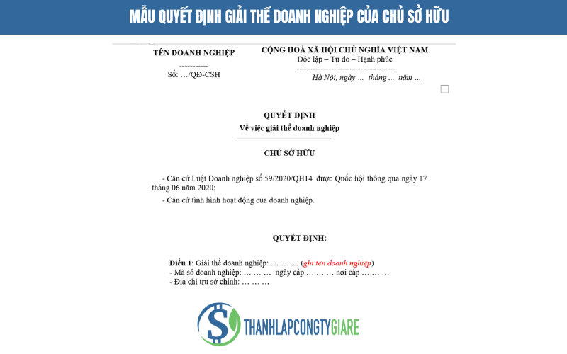 Mẫu quyết định giải thể doanh nghiệp của chủ sở hữu