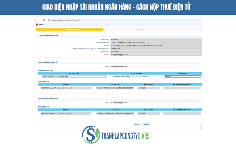 Giao diện nhập tài khoản ngân hàng - Cách nộp thuế điện tử
