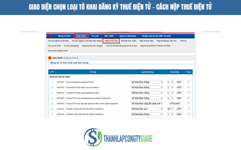 Giao diện chọn loại tờ khai đăng ký Thuế điện tử - Cách nộp thuế điện tử