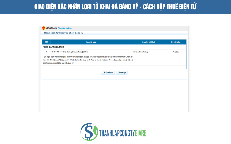 Giao diện xác nhận loại tờ khai đã đăng ký - Cách nộp thuế điện tử