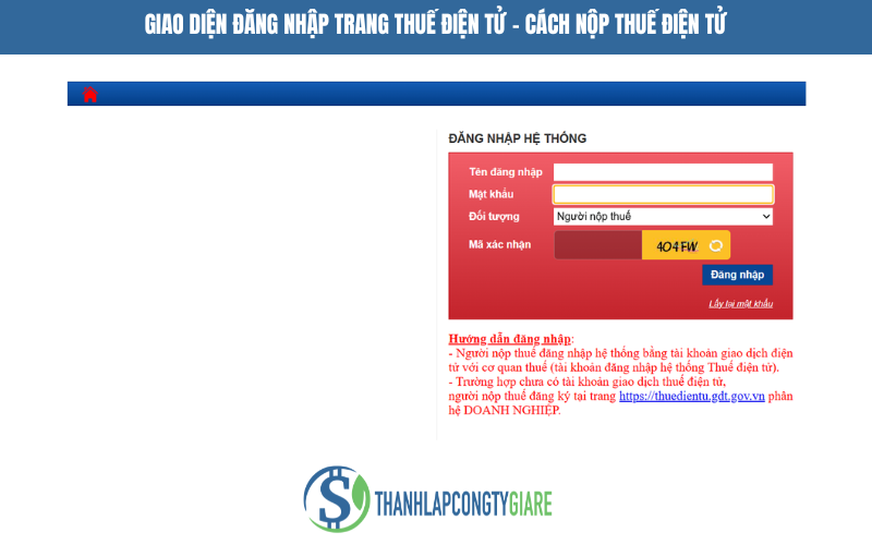 Giao diện đăng nhập Tài khoản thuế điện tử - Cách nộp thuế điện tử