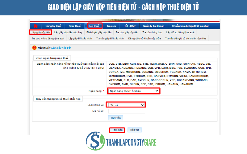 Giao diện lập giấy nộp tiền điện tử - Cách nộp thuế điện tử