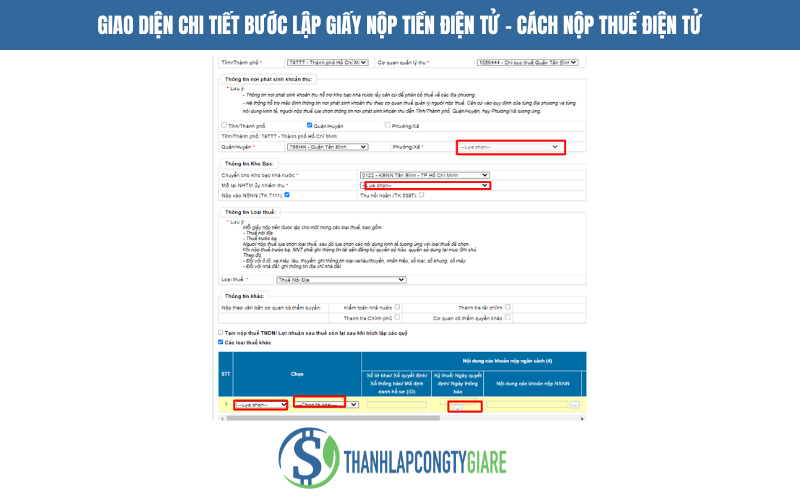 Giao diện chi tiết bước lập giấy nộp tiền điện tử - Cách nộp thuế điện tử