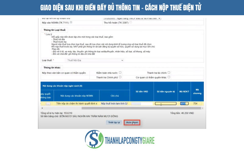 Giao diện sau khi điền đầy đủ thông tin - Cách nộp thuế điện tử
