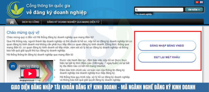 Giao diện đăng nhập tài khoản đăng ký kinh doanh - Mã ngành nghề đăng ký kinh doanh Giao diện đăng nhập tài khoản đăng ký kinh doanh - Mã ngành nghề đăng ký kinh doanh