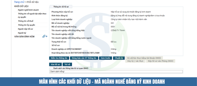 Màn hình các khối dữ liệu - Mã ngành nghề đăng ký kinh doanh Màn hình các khối dữ liệu - Mã ngành nghề đăng ký kinh doanh