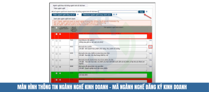 Màn hình thông tin Ngành nghề kinh doanh - Mã ngành nghề đăng ký kinh doanh Màn hình thông tin Ngành nghề kinh doanh - Mã ngành nghề đăng ký kinh doanh