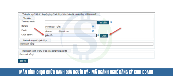 Màn hình chọn chức danh của người ký - Mã ngành nghề đăng ký kinh doanh Màn hình chọn chức danh của người ký - Mã ngành nghề đăng ký kinh doanh