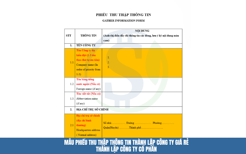 Mẫu phiếu thu thập thông tin thành lập công ty giá rẻ - Thành lập công ty cổ phần