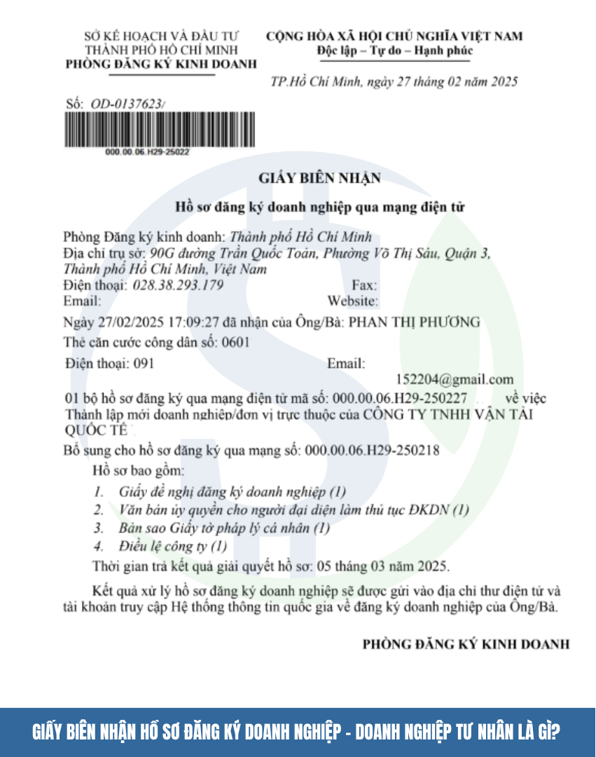 Giấy Biên nhận hồ sơ thành lập công ty TNHH 1 thành viên