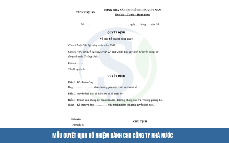 Mẫu quyết định bổ nhiệm dành cho công ty Nhà nước